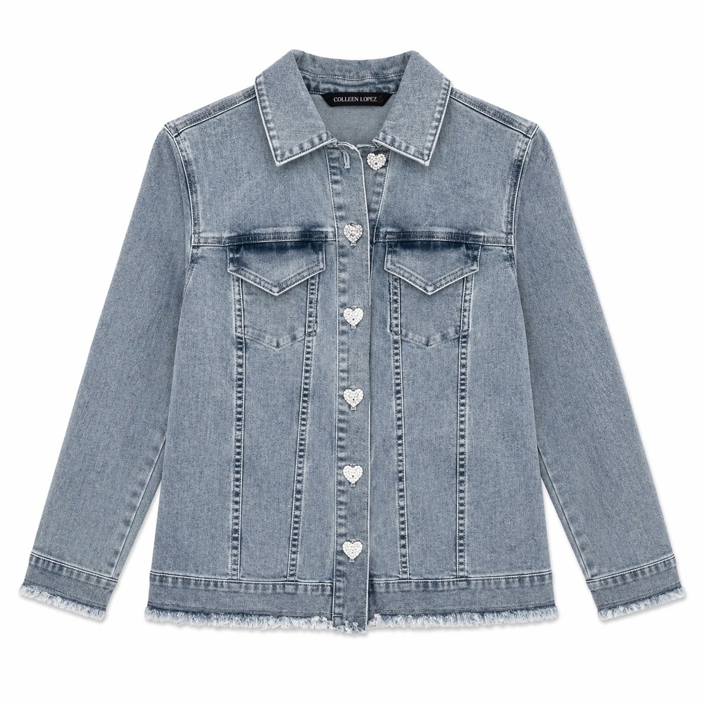 Colleen Lopez Denim Jacket Medium Light Wash Rhinestone Heart Buttons Ecletic